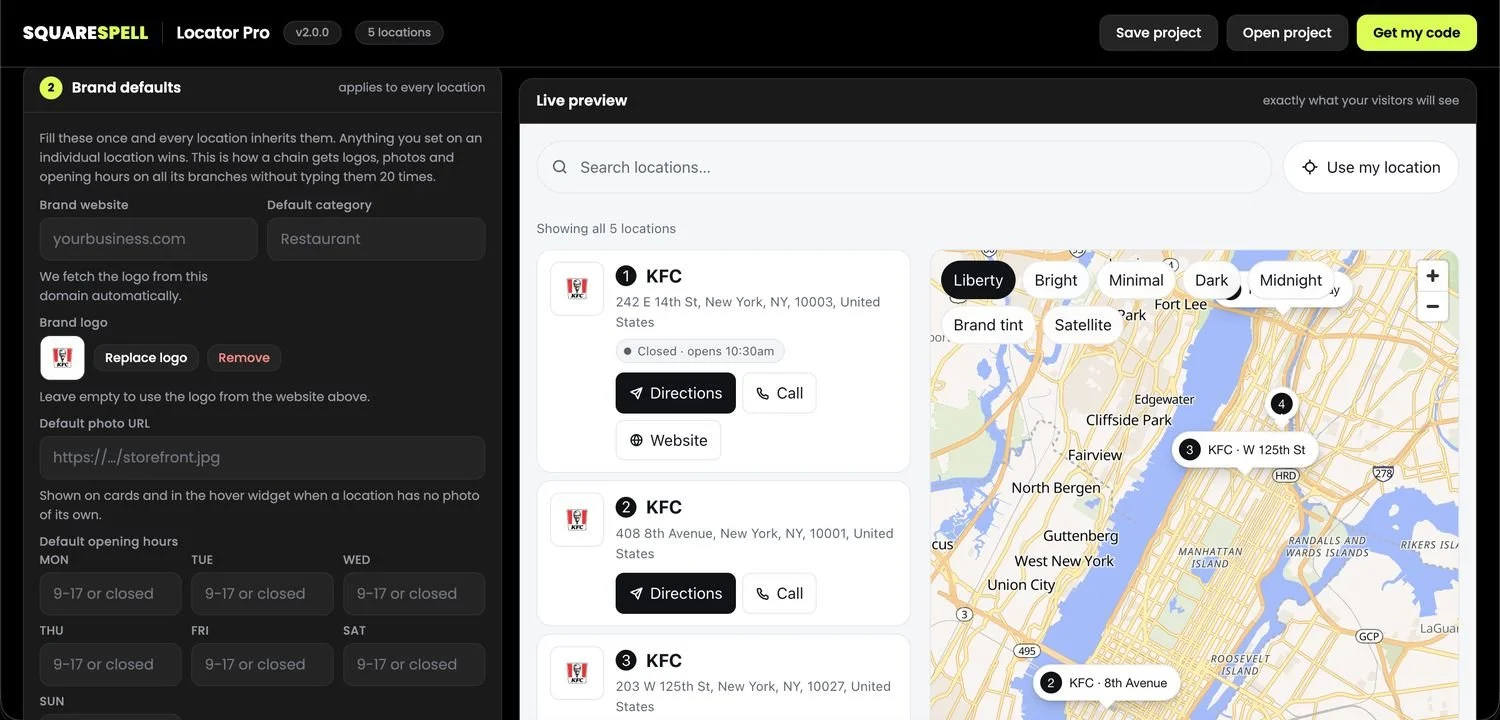 Brand defaults settings panel in Locator Pro for setting a global website, logo, category, and opening hours across all locations