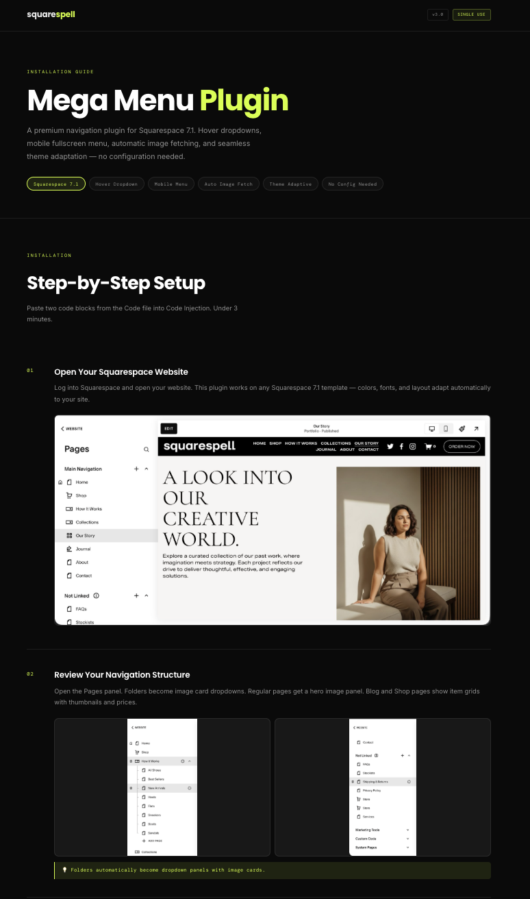 Mega menu for Squarespace automatically adapting colors to match any site theme — dark, light, and colored headers