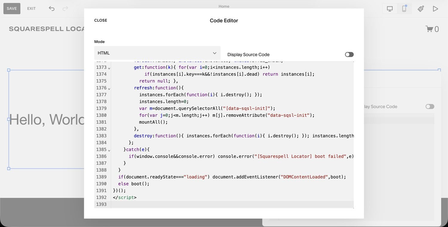 Finished store locator with interactive map, location list, and search bar live on a Squarespace website page