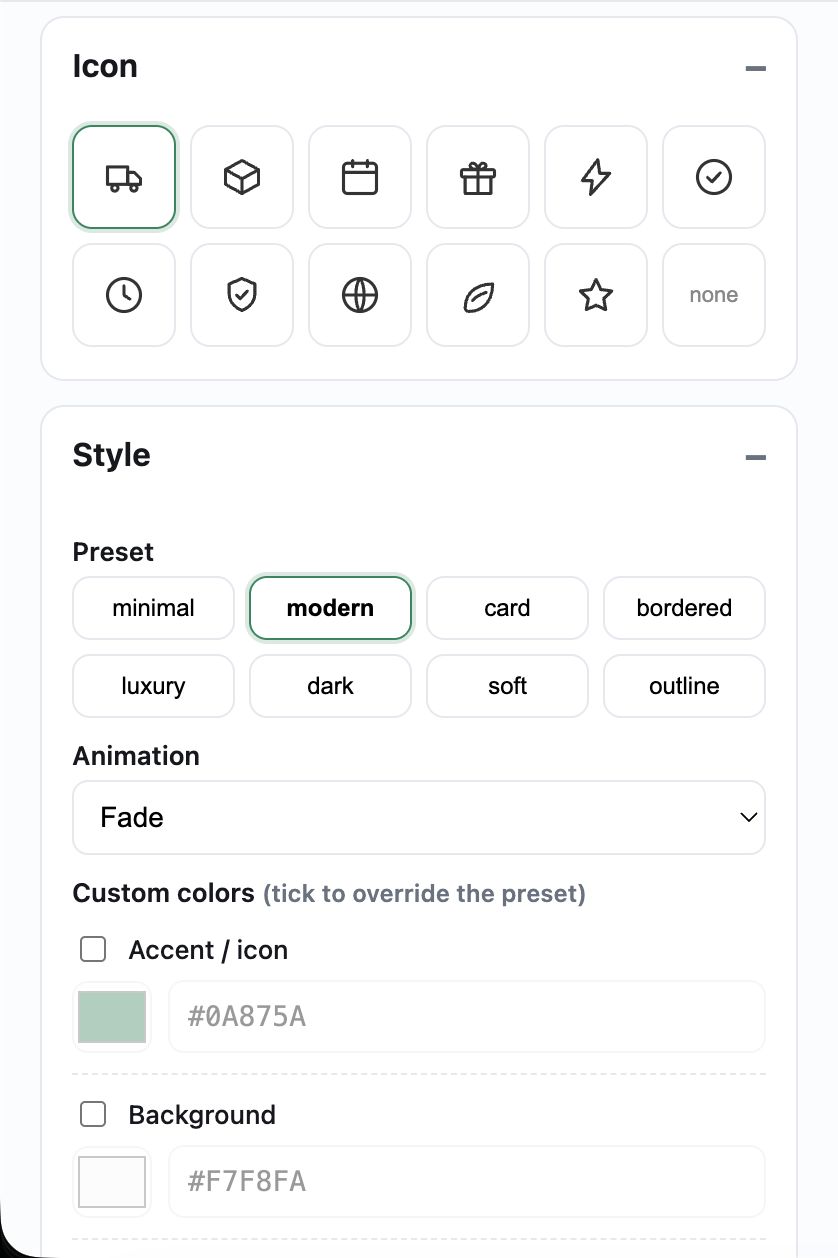 Choosing an icon, style preset and animation for the delivery estimate.