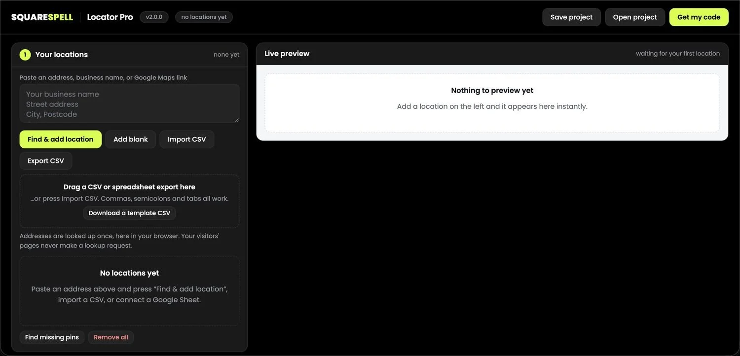 Squarespell Locator Pro builder dashboard with location input fields, CSV import option, and live preview panel