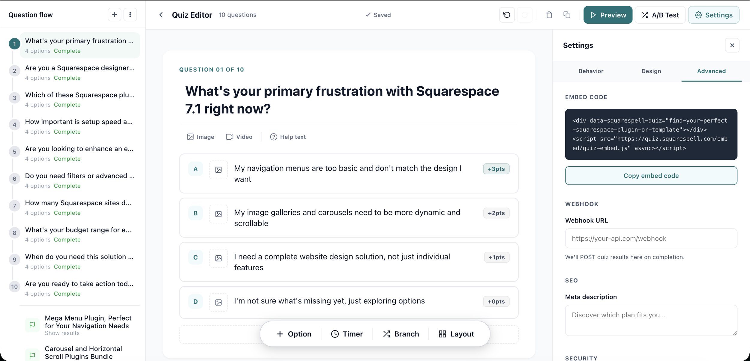 Selecting between inline, popup, and floating tab display options for a Squarespace quiz