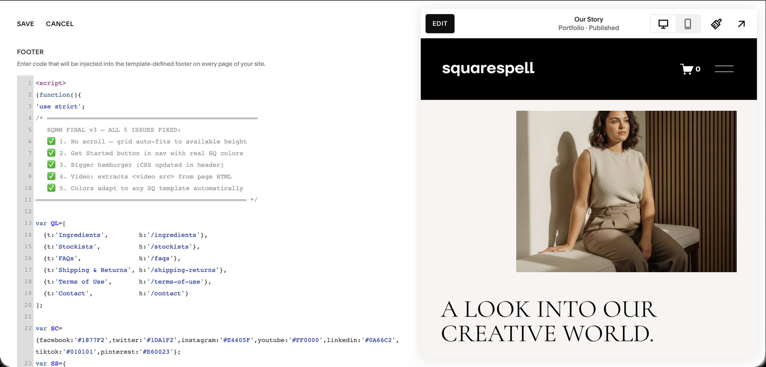 Mega menu for Squarespace automatically adapting colors to match any site theme — dark, light, and colored headers