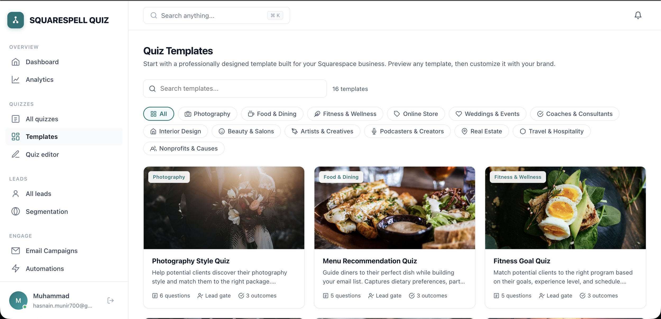 3 Squarespace quiz templates for coaches, photographers, online stores, wedding businesses, fitness professionals, and more.