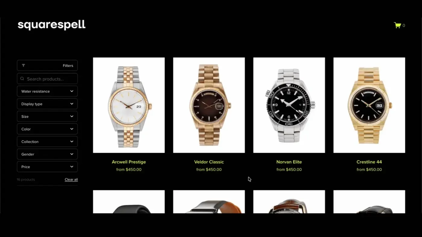Squarespace shop filter plugin sidebar layout next to a dark-themed watch product grid