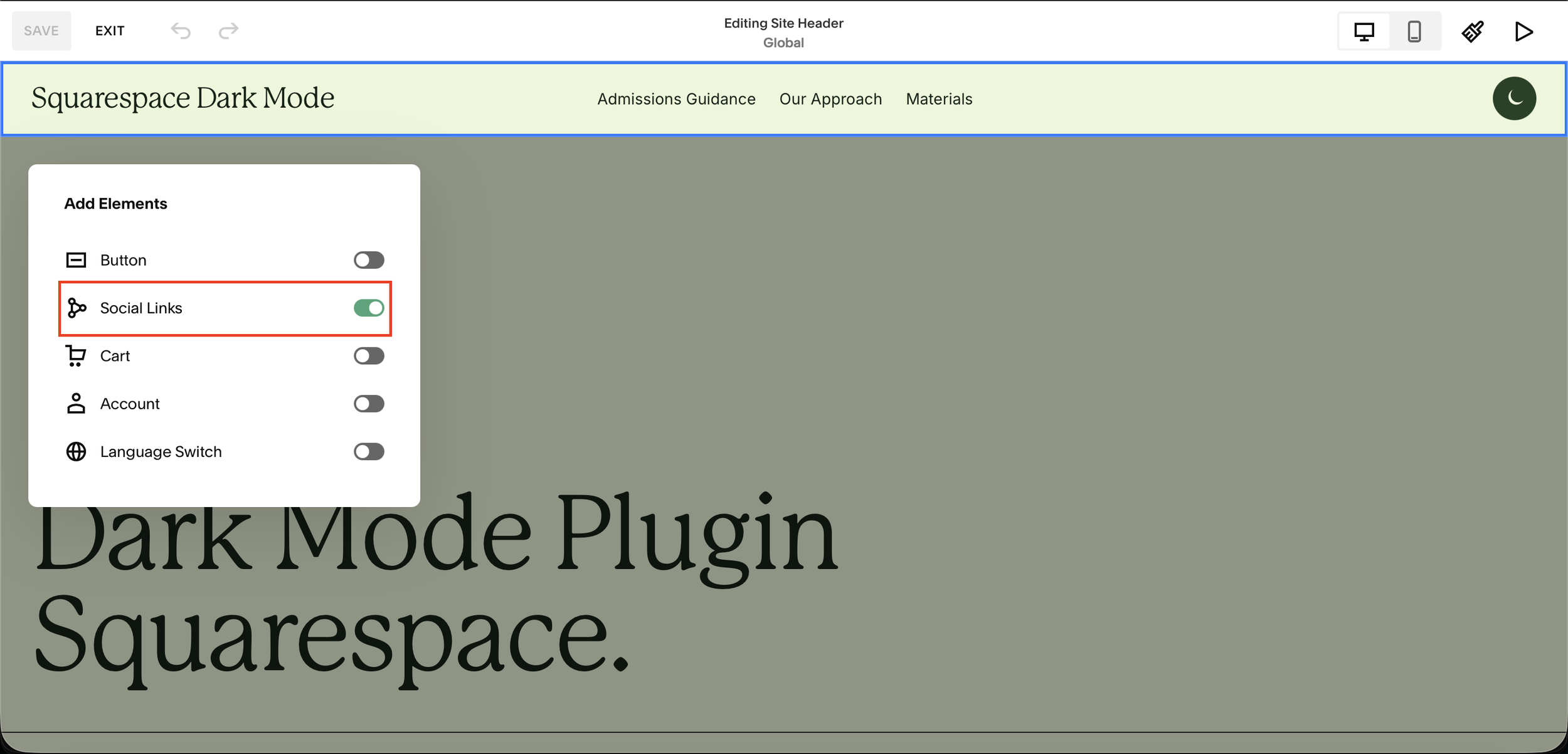 Dark mode moon icon in the Squarespace Social Links row next to the Instagram and Twitter icons