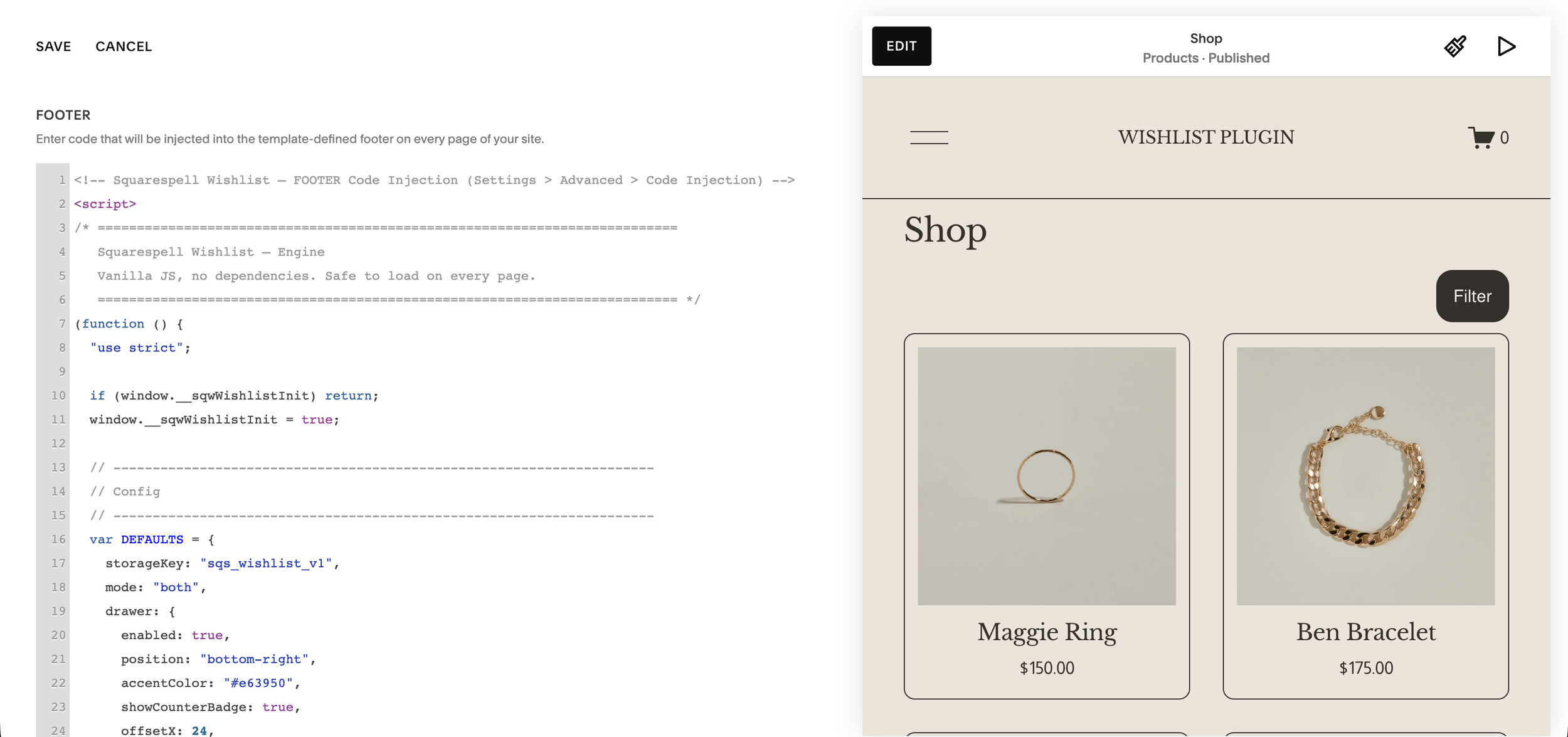 Squarespace Code Injection settings under Settings, Advanced, where the wishlist is enabled