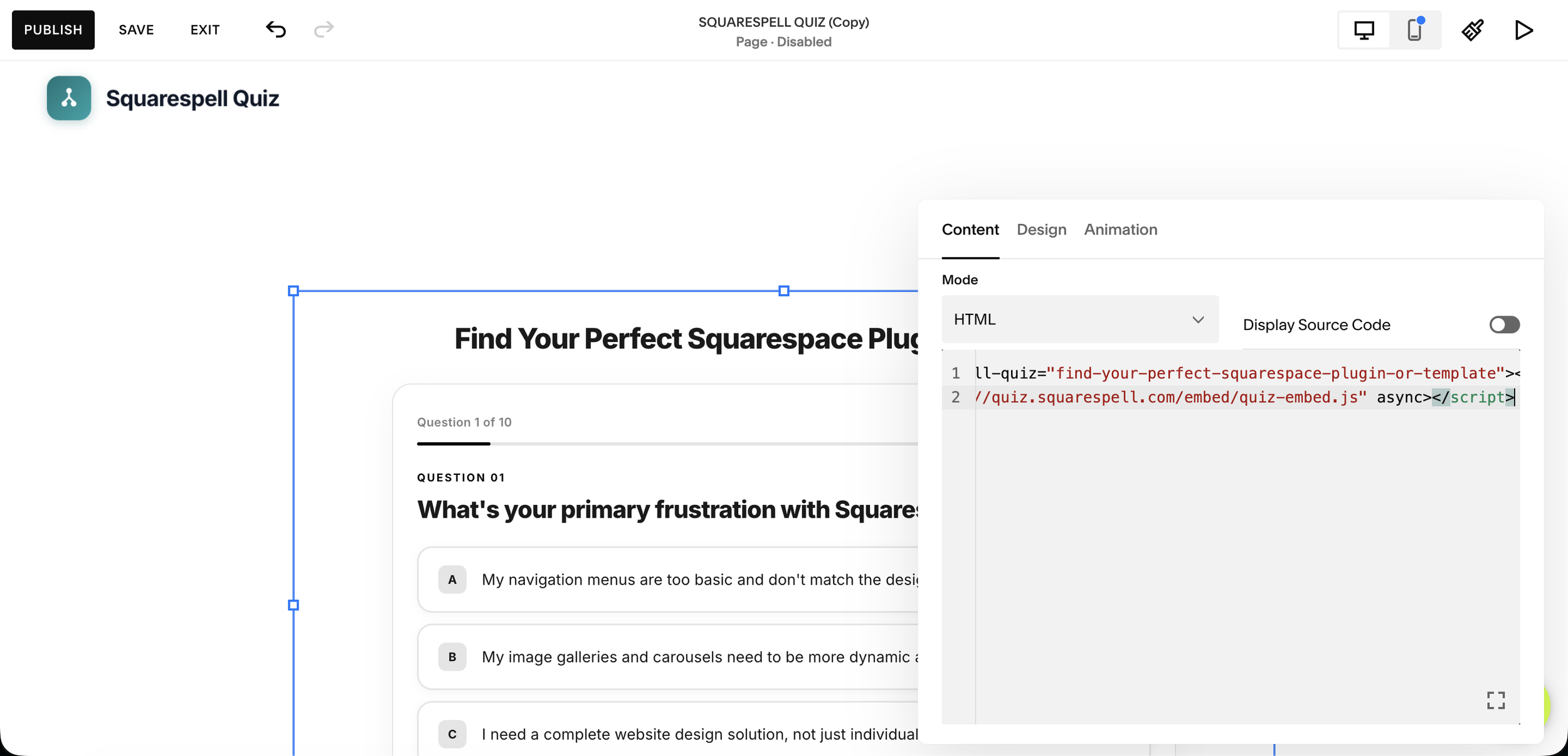 Pasting the quiz embed code into a Squarespace Code Block to display an interactive quiz