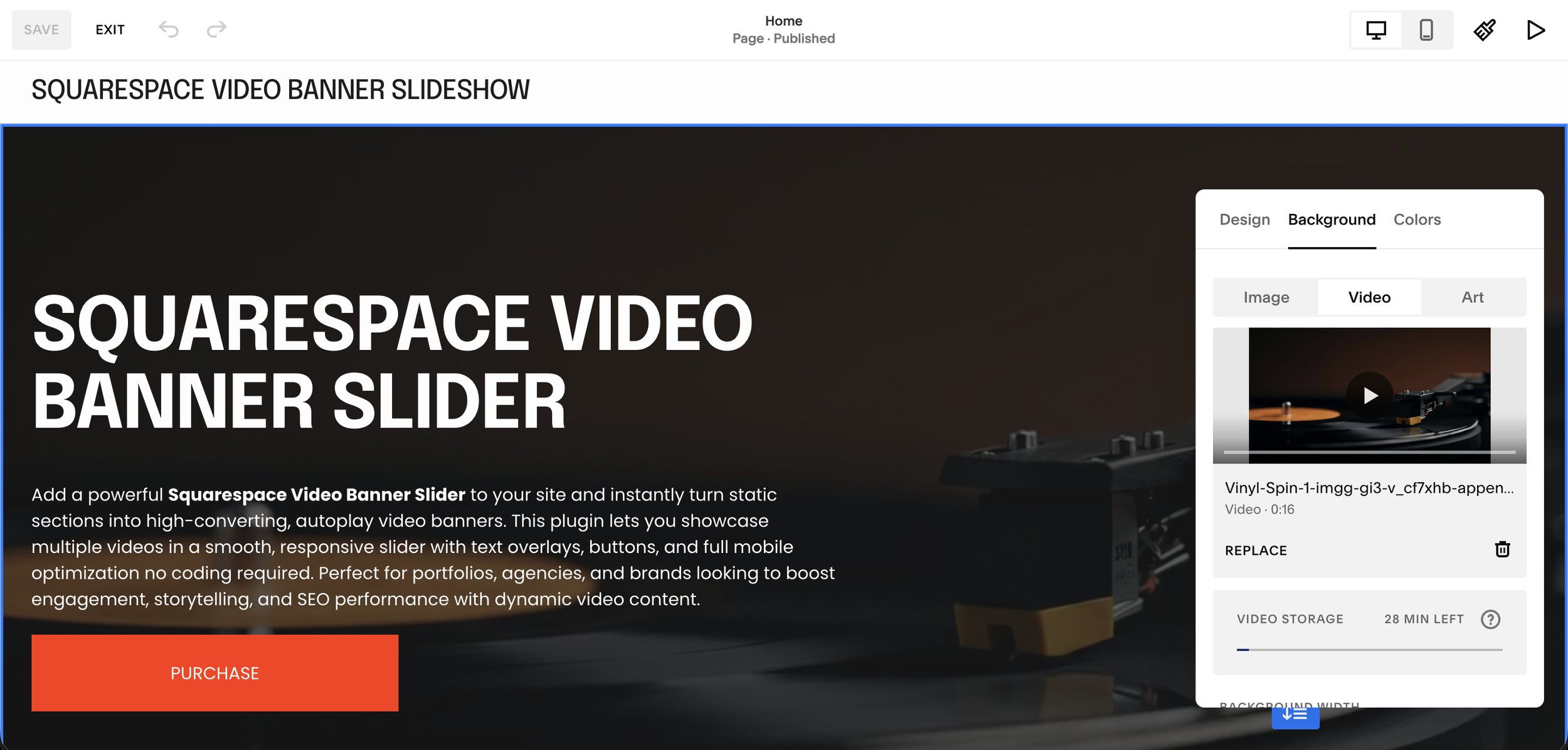Squarespace 7.1 section editor with Background panel open, Video tab selected, and an uploaded MP4 file shown setting up the hero video background
