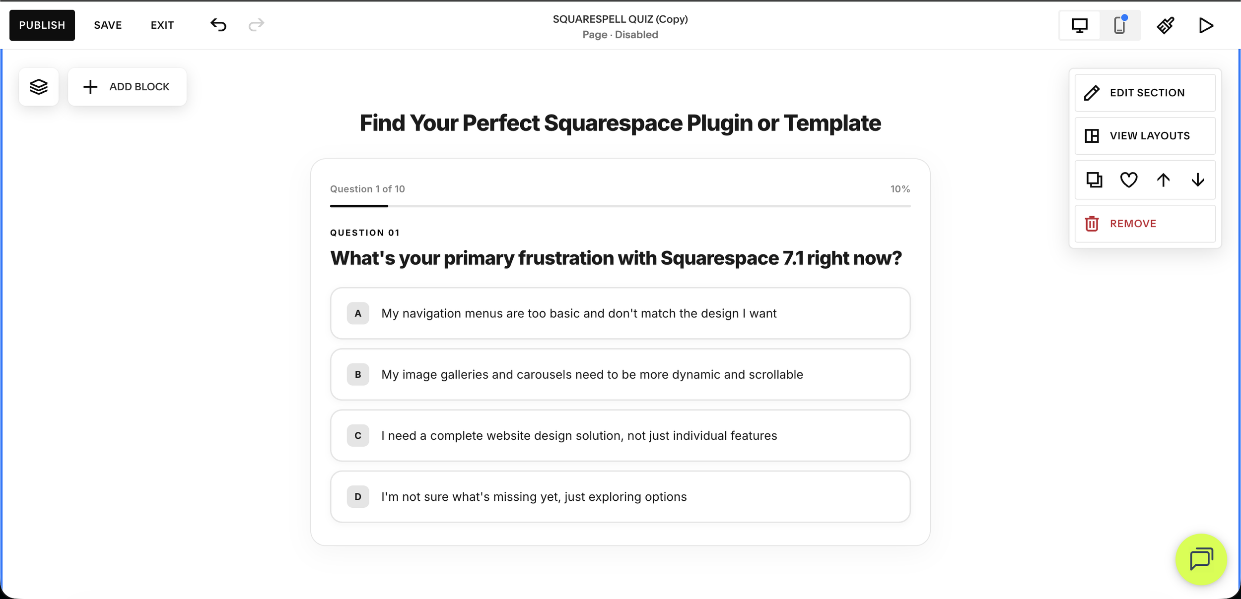Copying the JavaScript embed code generated by Squarespell Quiz for a Squarespace website