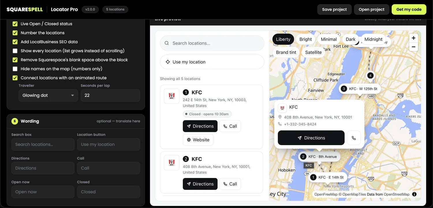 Store locator hover card showing location details with directions, call, and website buttons when a visitor clicks a map pin
