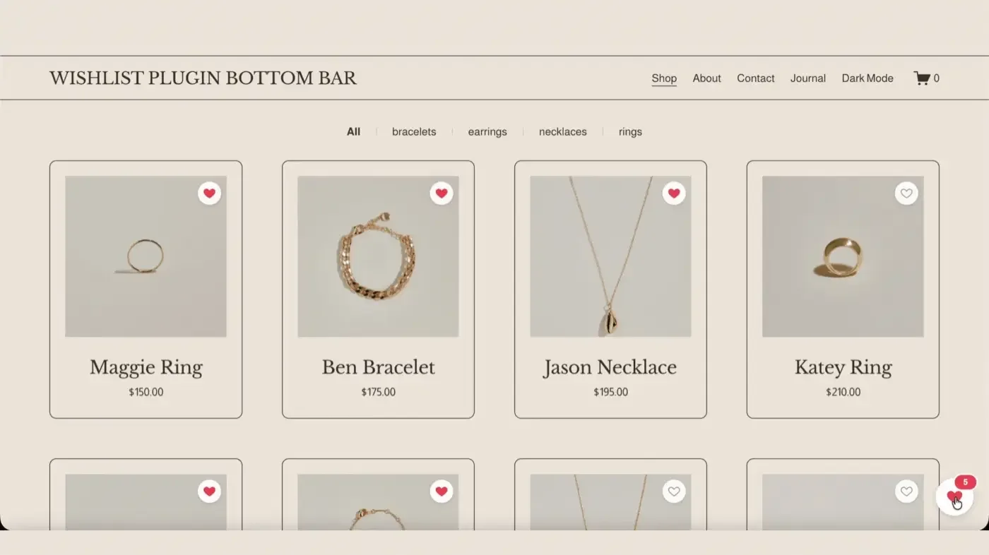 Wishlist plugin persistent bottom bar showing a floating wishlist icon with item count badge on a jewelry shop page
