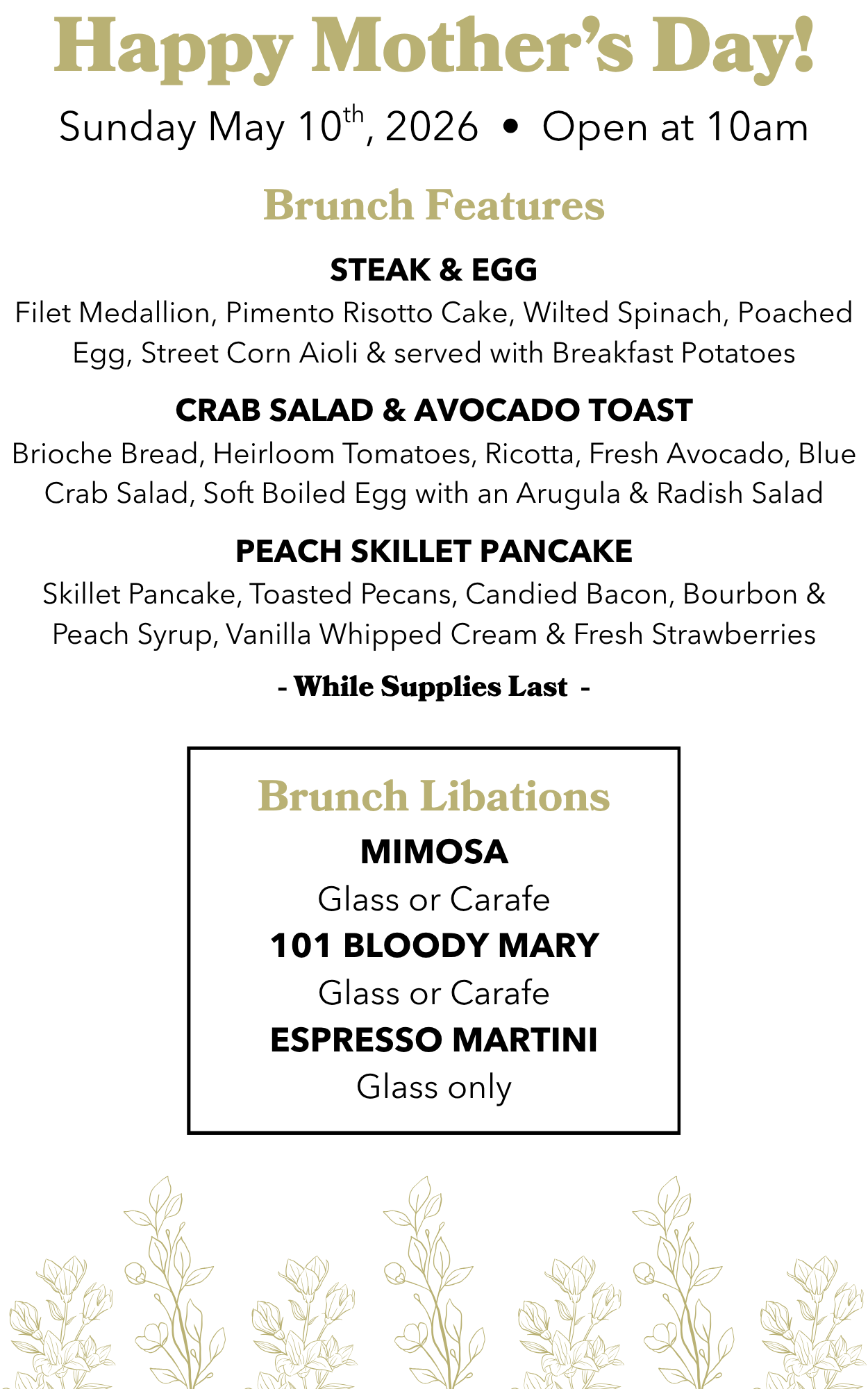 Mother’s Day brunch menu featuring steak and eggs, crab avocado toast, peach skillet pancake, and brunch cocktails including mimosas, Bloody Marys, and espresso martinis, available Sunday May 10 starting at 10am.