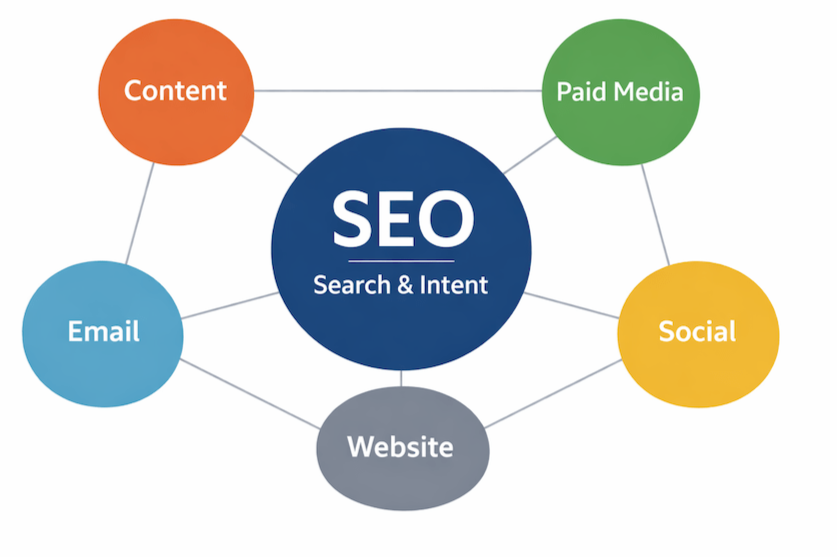 graphic of SEO in the middle and branching out to other marketing channels like social and email