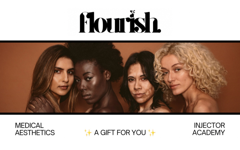 Four women with diverse skin tones and hair types, posing together against a brown background for a cosmetic or aesthetic brand called Flourish.