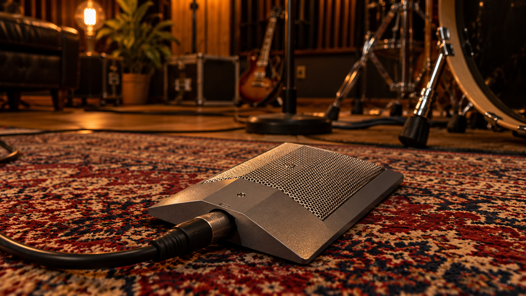 Microphone au sol dans un studio chaleureux.png