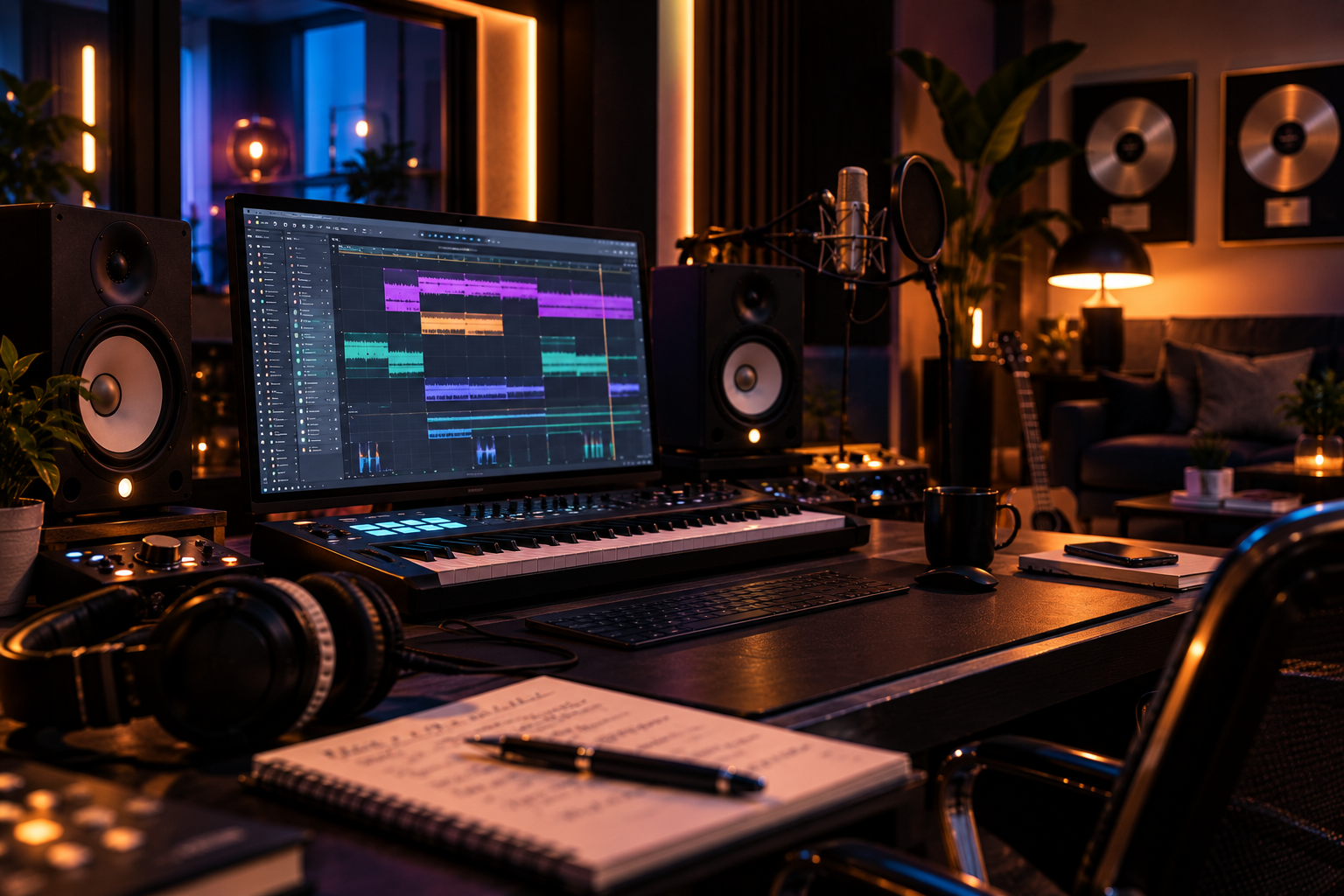 Studio de production néon et vinyles d’or.png