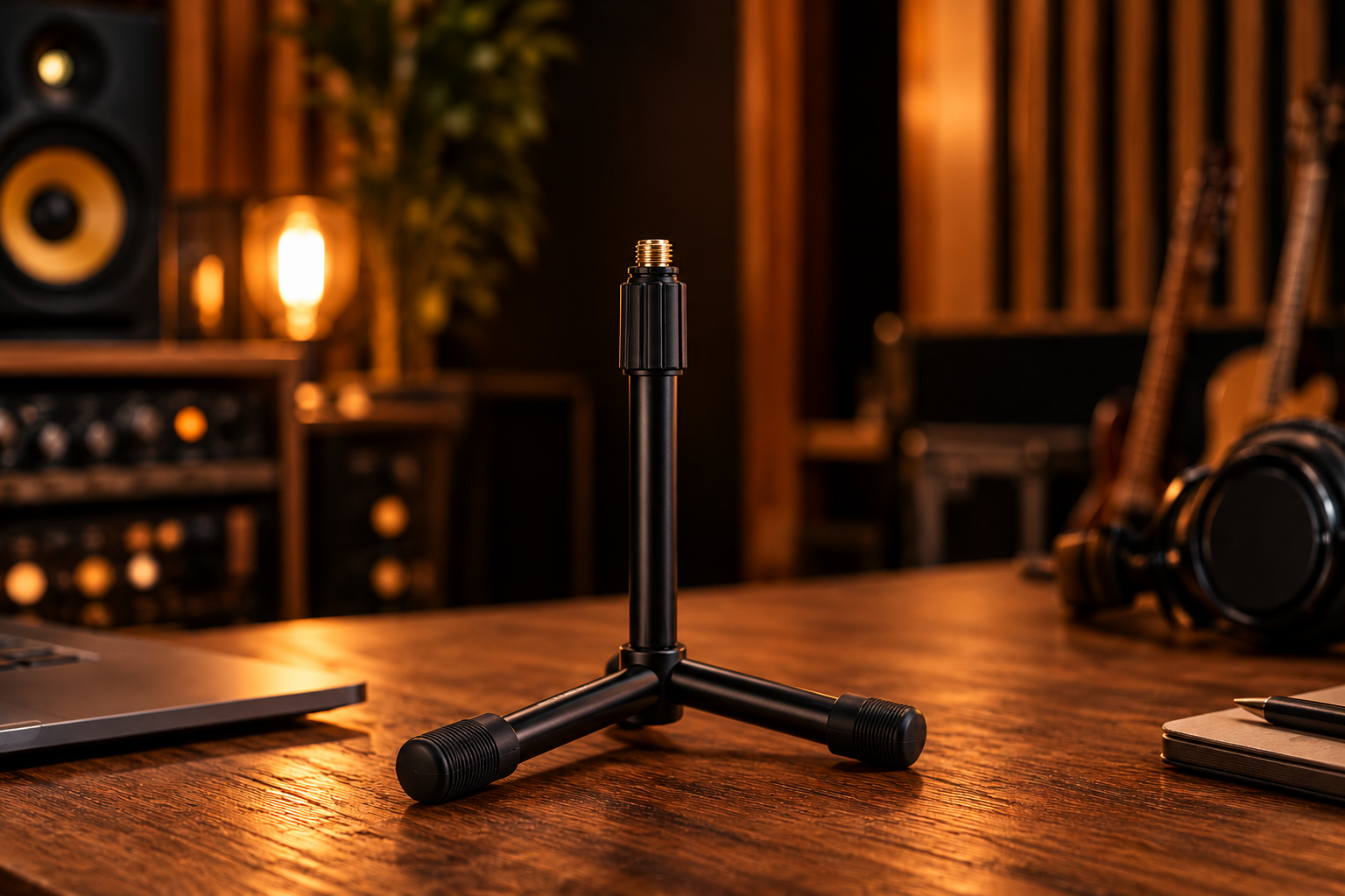 Petit trépied microphone en studio chaleureux.png