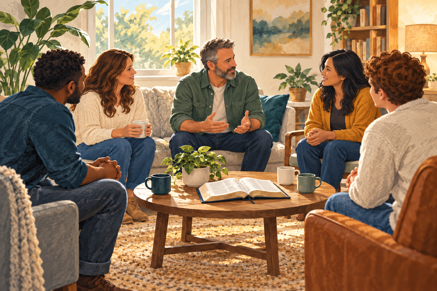 Illustration of adults sharing encouragement around an open Bible in a welcoming support group
