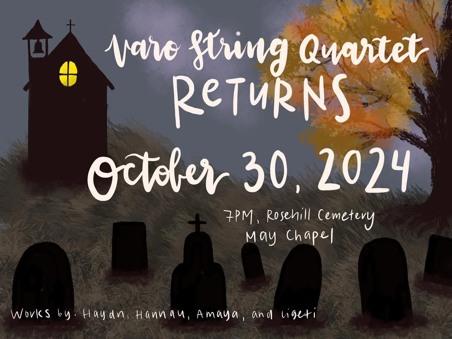 🪦VSQ Returns to Rosehill Cemetery🪦

October 30, 2024 7pm 

We&rsquo;re heading back to the May Chapel of Rosehill Cemetery for our second annual smorgasbord of spooky sounds! The first 20 tickets sold before Oct 1 are discounted automatically so he