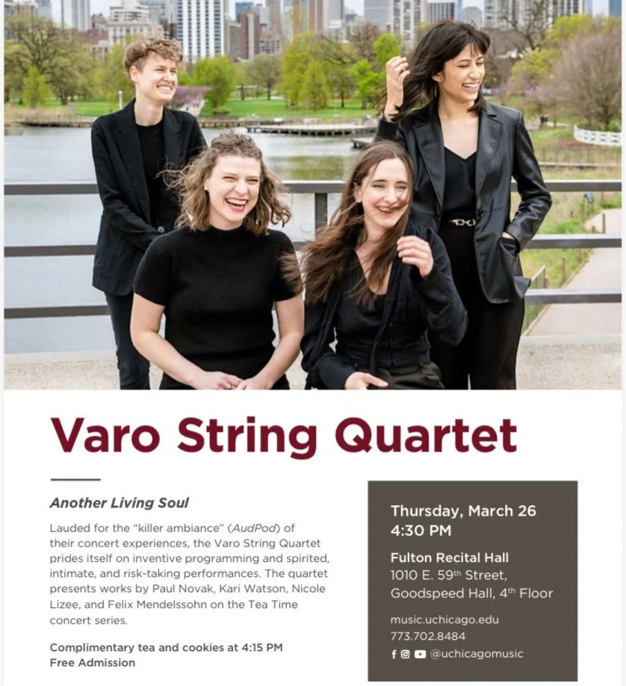 What better way to spend your Thursday afternoon than with tea, VSQ, and some whirly tubes? 

📍Fulton Recital Hall, Thursday March 26, 4:30pm 
🎵Fugue in E Flat Major Op 81 No 4 by Felix Mendelssohn, Three Places for String Quartet by @kari__watson,