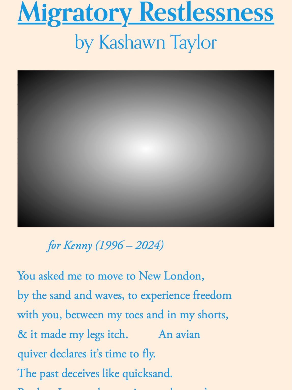 This one means a lot to me! &ldquo;Migratory Restlessness&rdquo; is out now! Thanks to @bloominonionlit for publishing this piece. RIP Kenny. Love you long time!

Link to full poem in stories!