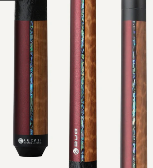 Lucasi Custom Duo Garnet Red/Exotic Apitong Cue with Embossed Leather Wrap SKU# LZDU14