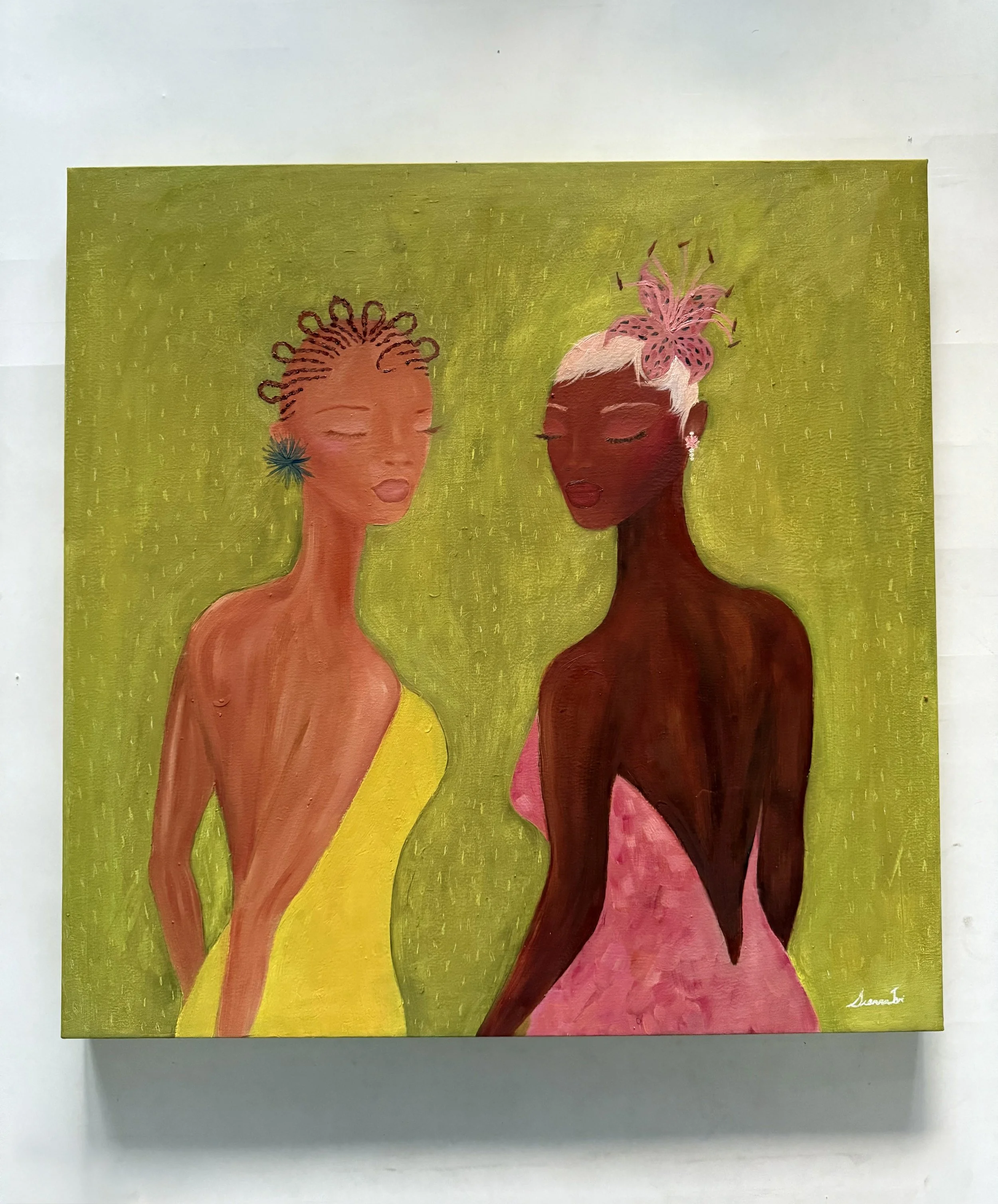 Painting of two women with closed eyes, one with light skin and blond twists wearing a yellow dress, and the other with dark skin and short white hair with a pink flower headpiece, wearing a pink dress, against a green background.