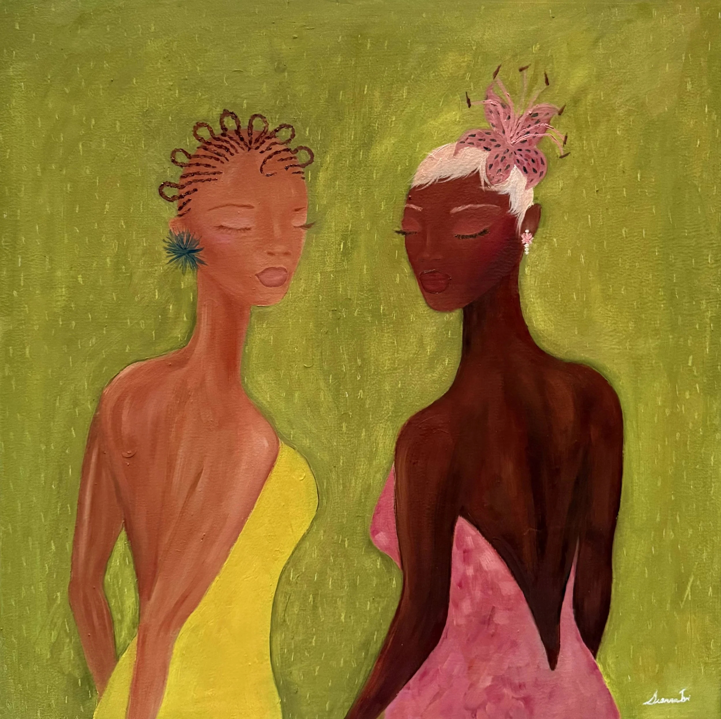 Painting of two women with closed eyes and serene expressions, one with light skin and braided hair in a yellow dress, the other with dark skin and short white hair with a pink flower, wearing a pink dress, against a green background.