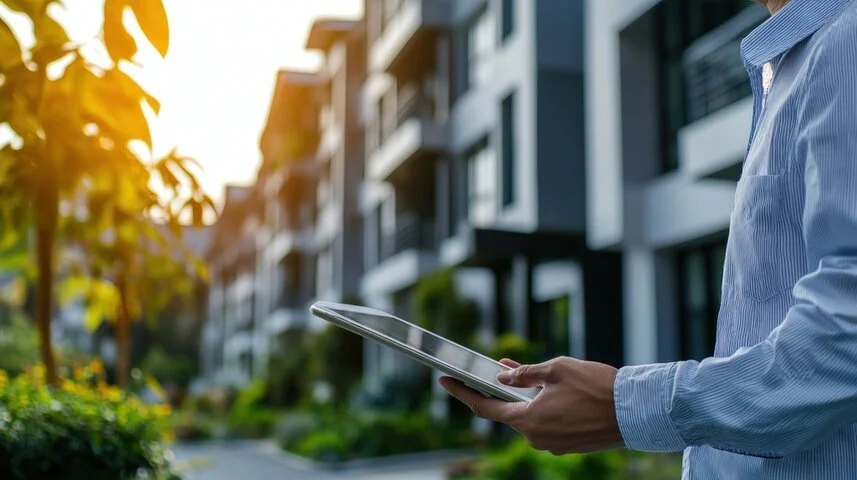 Person holding and looking at a tablet outdoors near multi-story modern residential buildings with trees and greenery, during sunset.