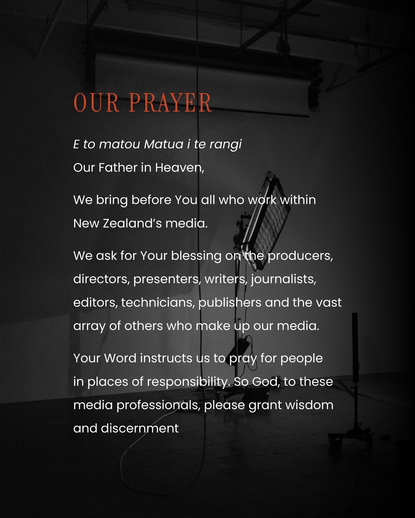 A karakia for Aotearoa New Zealand's media industry 🧡

🗓️ On Sunday, 27 October, we invite you to join us for Media Prayer Day and take a few minutes to pray for those that work in Aotearoa New Zealand's mass media, particularly in this time of job