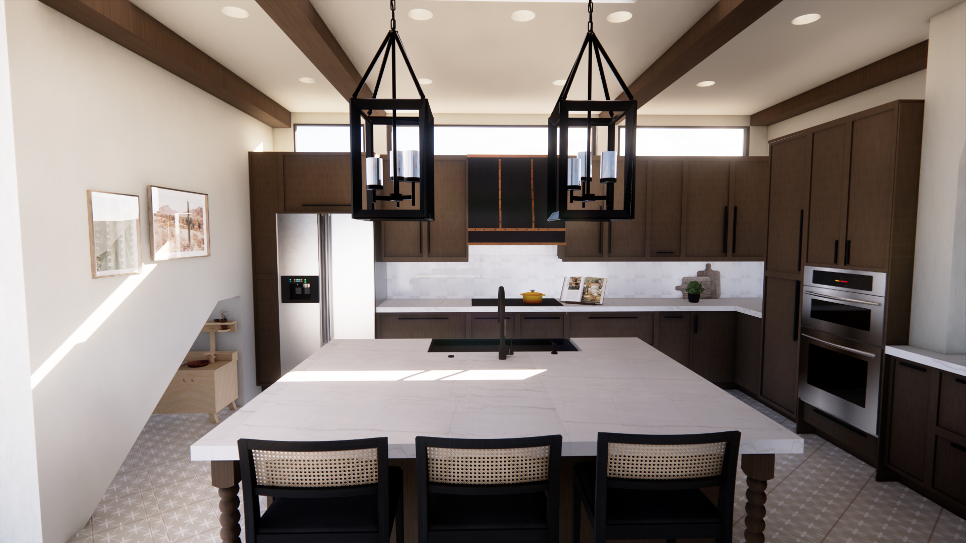 Modern kitchen with dark wood cabinets, white marble island, two black framed chandeliers, and stainless steel appliances.