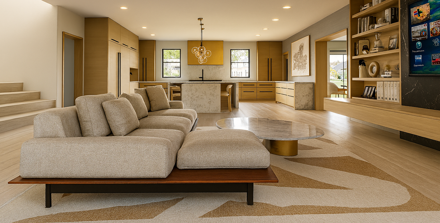 Professional interior design furnishing and decor. Mid-century modern, open-concept living room and kitchen in Littleton Colorado with beige sofa, marble coffee table, light wood cabinetry, and built-in bookshelf. Artful and stylish living. Unique.