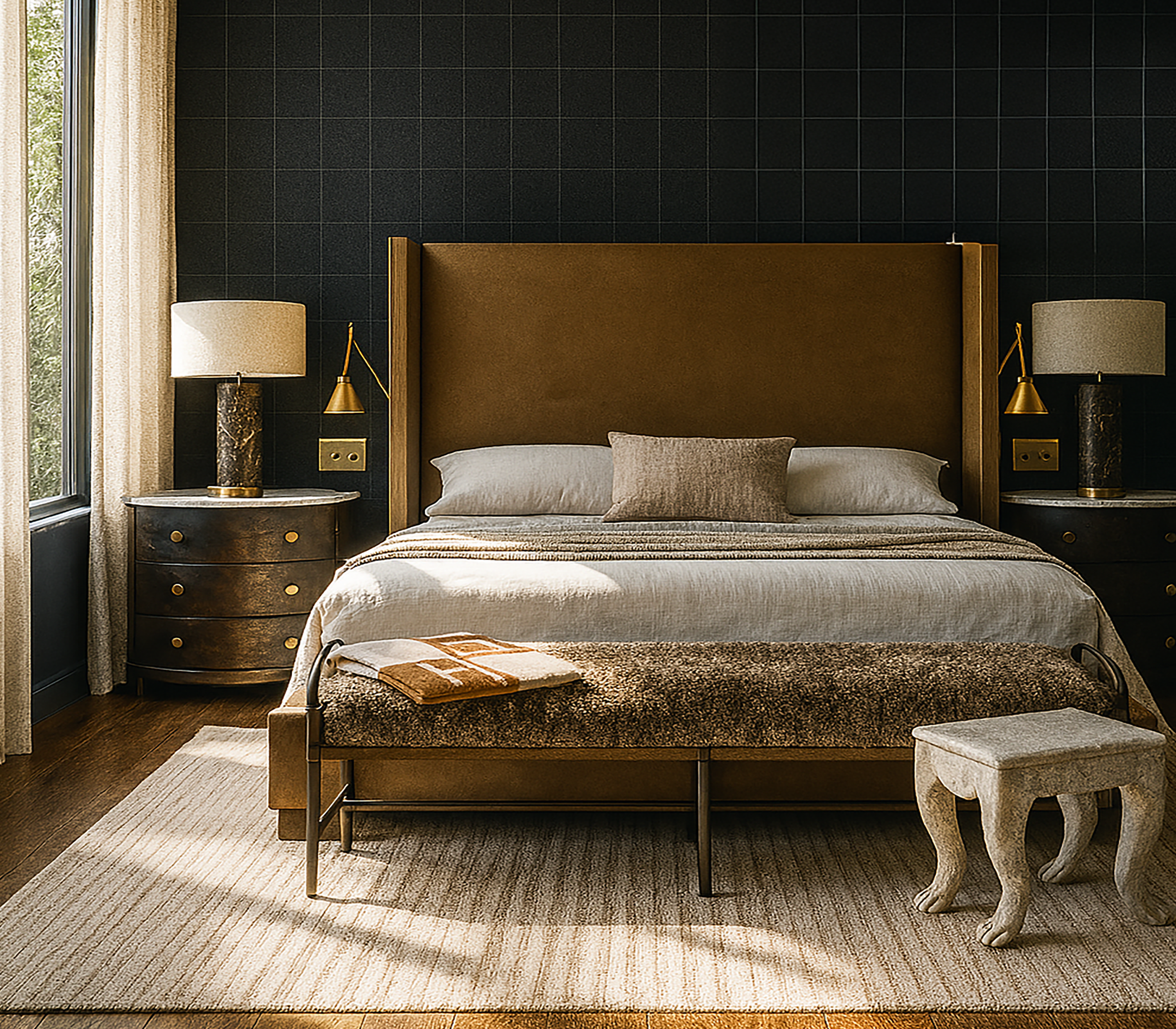 A bedroom with a large bed with white bedding, a brown headboard, and a brown and black color scheme. Two nightstands with lamps are on each side of the bed, and a window with beige curtains is on the left. A small cream-colored stool is in front of 