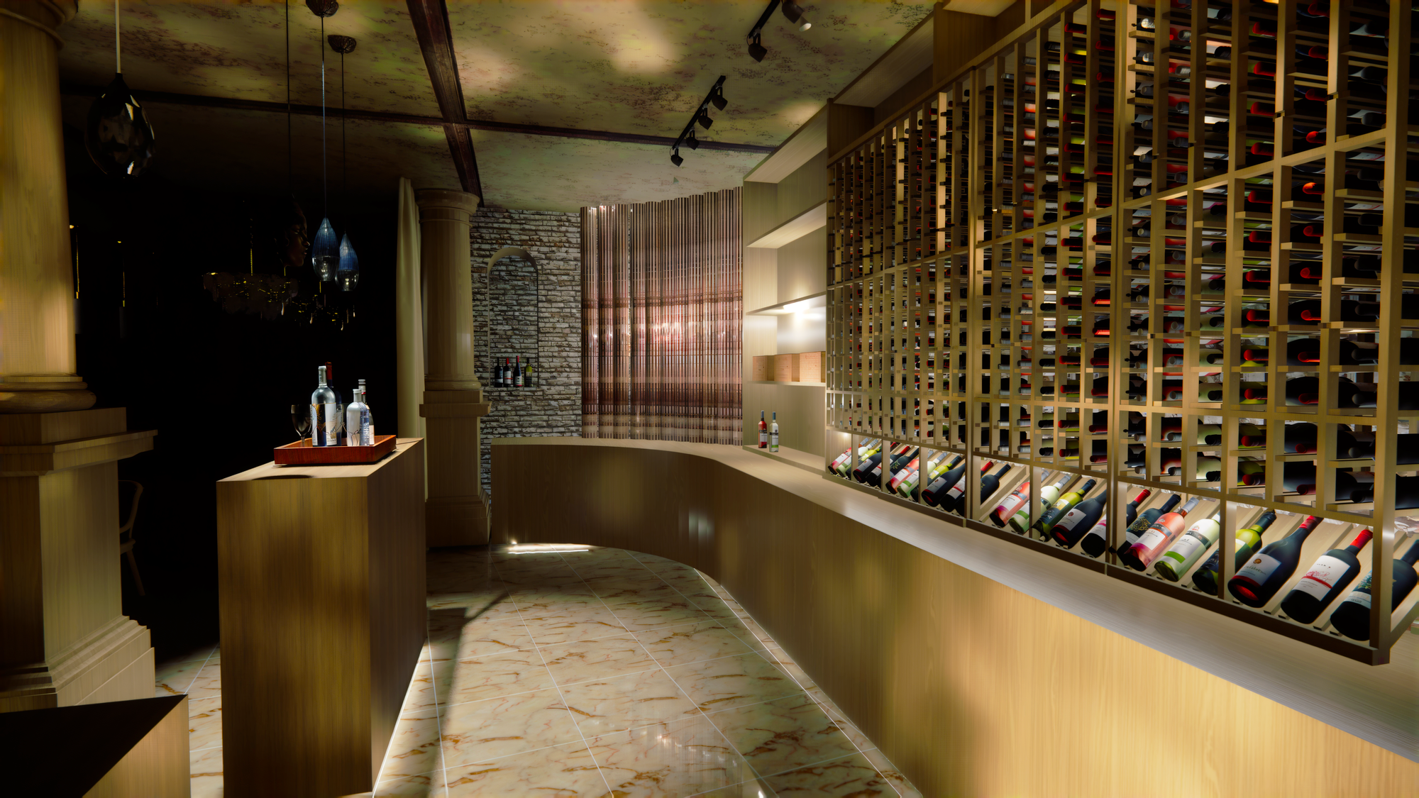 A wine cellar with wooden racks filled with wine bottles, a marble counter, and a brick wall in the background.