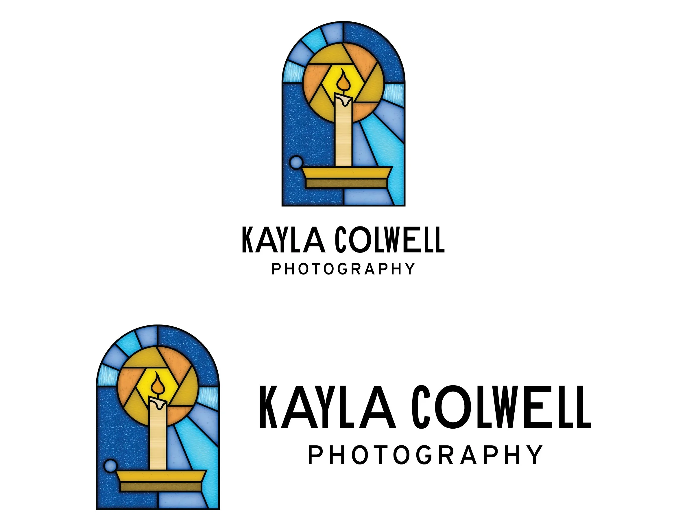 This was a branding project for a client who wanted a nontraditional approach to a photography logo. The stained glass was used to reference some of the notable windows in her studio while subtly including the aperture as the glow of the candle. She 