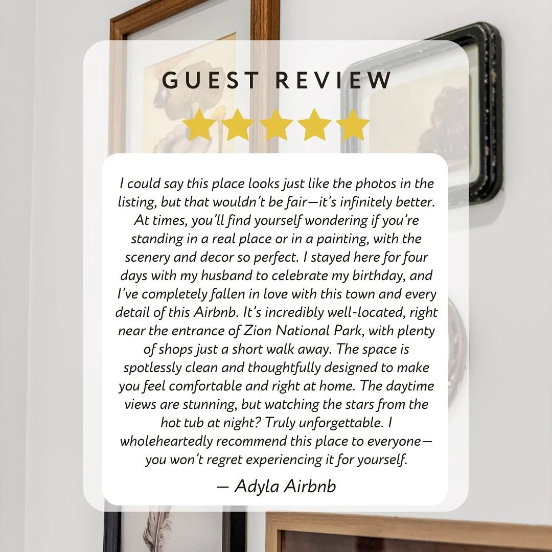 We wanted to share a recent review from one of our amazing guests!!🫶🏼🥰
If you&rsquo;ve stayed with us and want to leave a review we are on google and trip advisor as well
#airbnb #nightlyrental #vacation #vacationhomes #zionsage #zionsagesuites #s