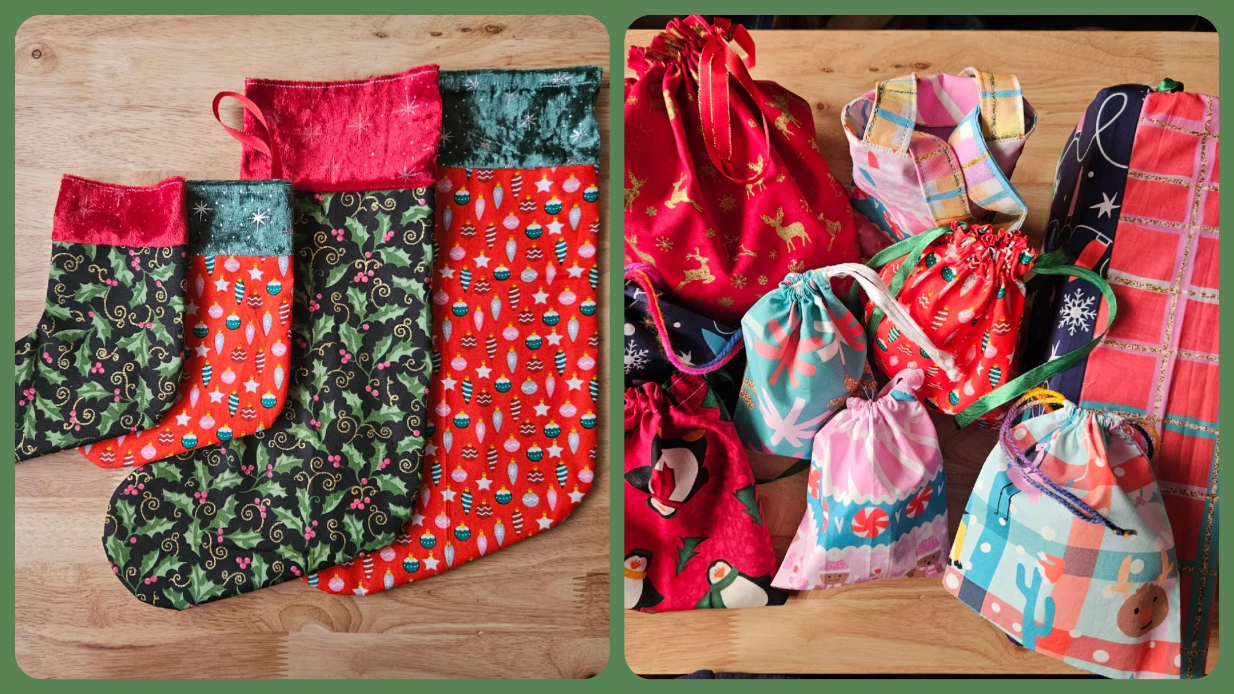 A selection of handmade Christmas stockings and reusable gift bags