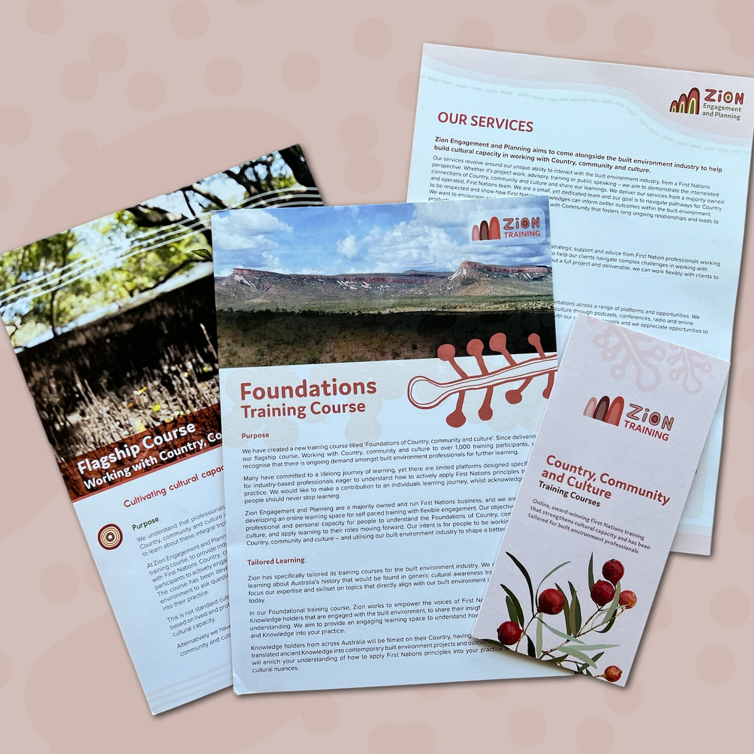 Training brochures created for courses about 'Working with Country, Community and Culture'.