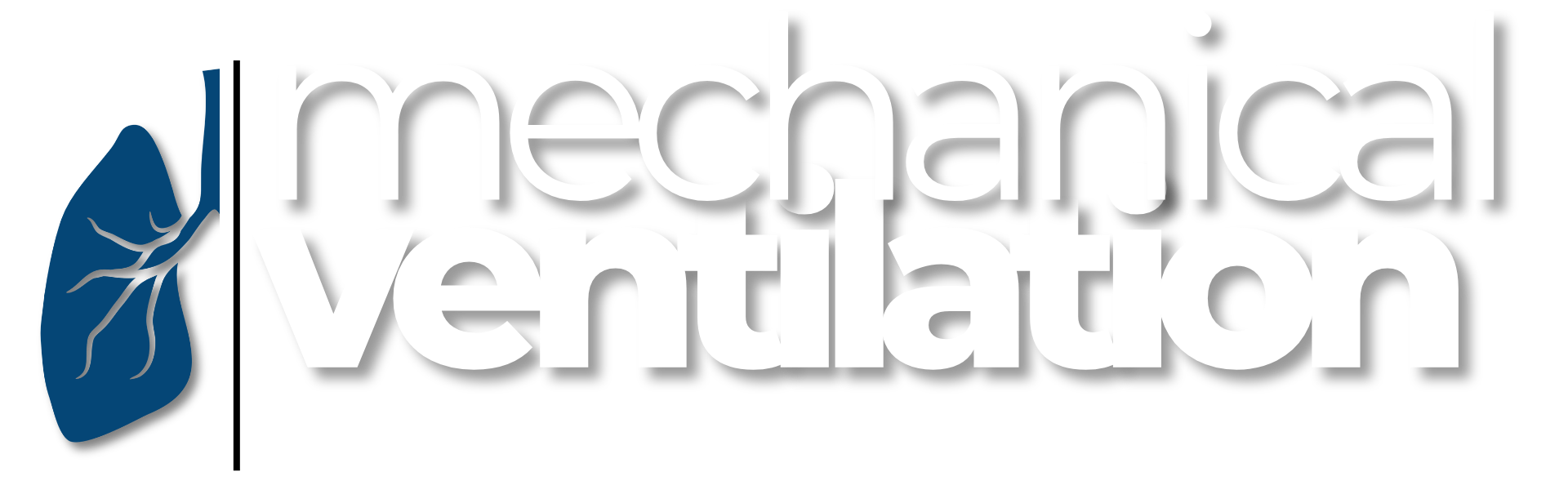 Logo for mechanical ventilation, featuring a stylized blue lung with black bronchial tubes on the left, and the words "mechanical ventilation" in large black and white lettering.
