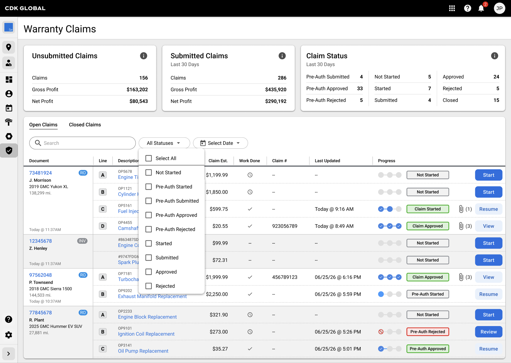 Dashboard displaying warranty claims data, including unsubmitted and submitted claims, claim status summaries, and detailed claim listings with statuses like 'Claim Started', 'Claim Approved', and 'Pre-Auth Rejected' among others.