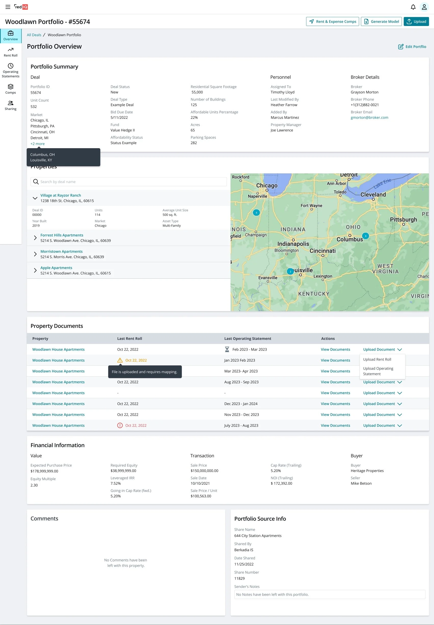 Screenshot of a real estate portfolio management dashboard showing property details, maps, and financial information.