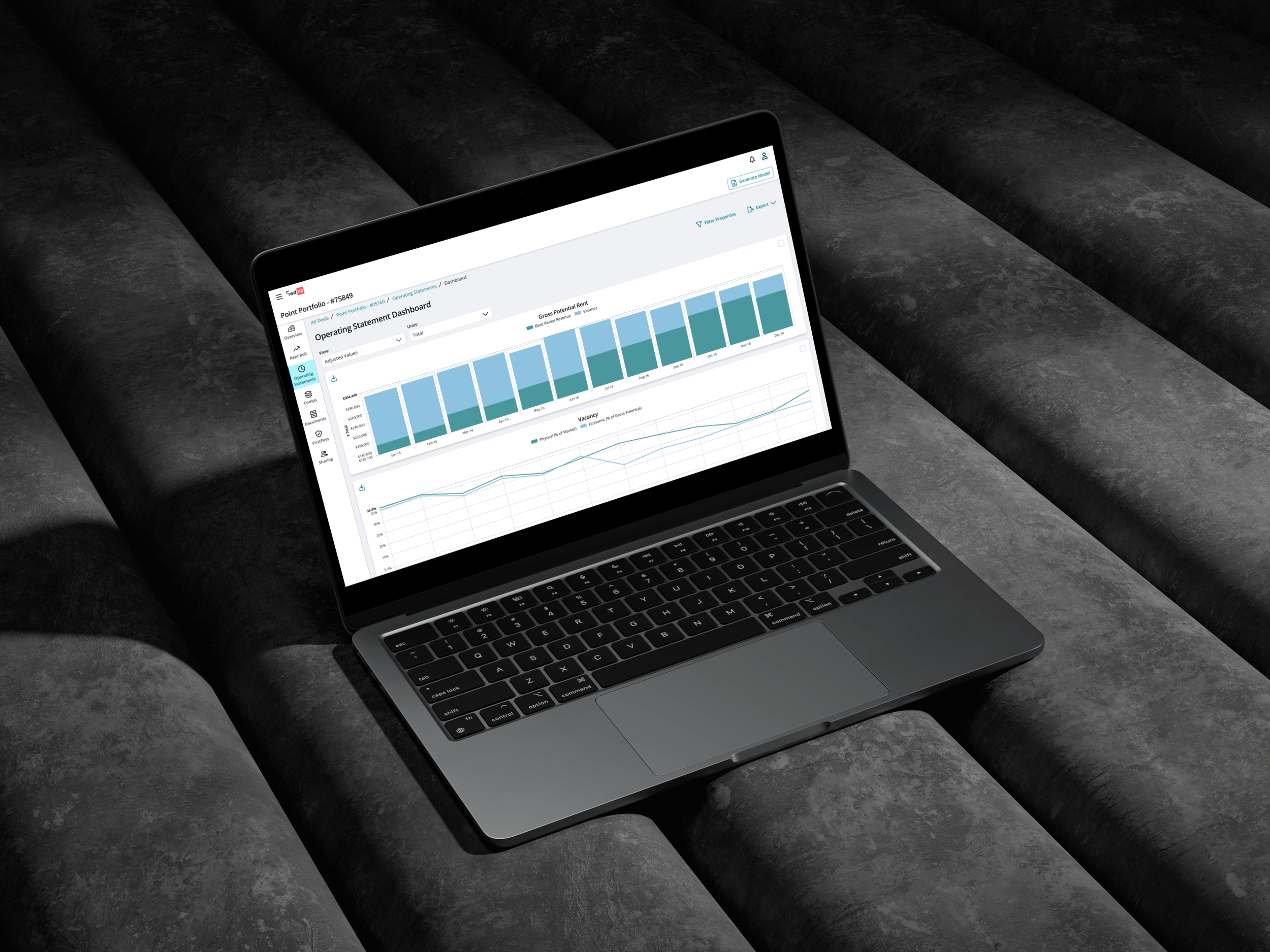 Laptop on black textured surface displaying a financial dashboard with graphs and charts.