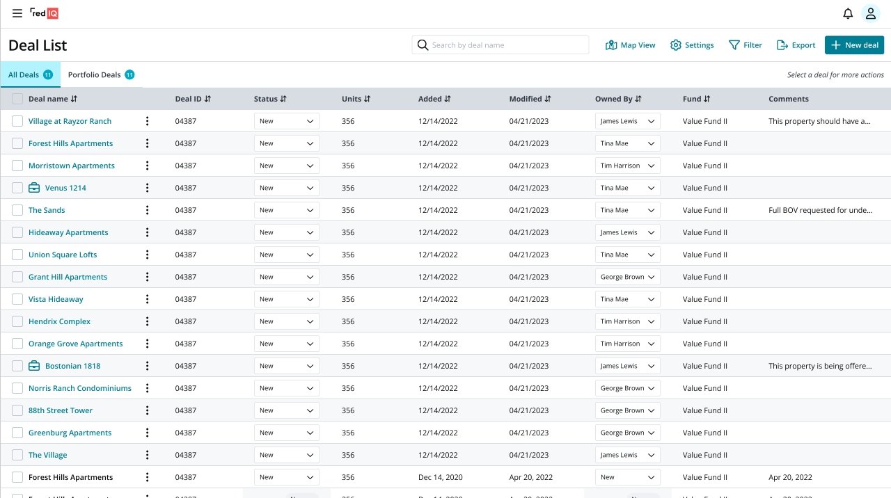 Screenshot of a deal list with property deals, showing names, IDs, statuses, units, dates added and modified, owners, funds, and comments.