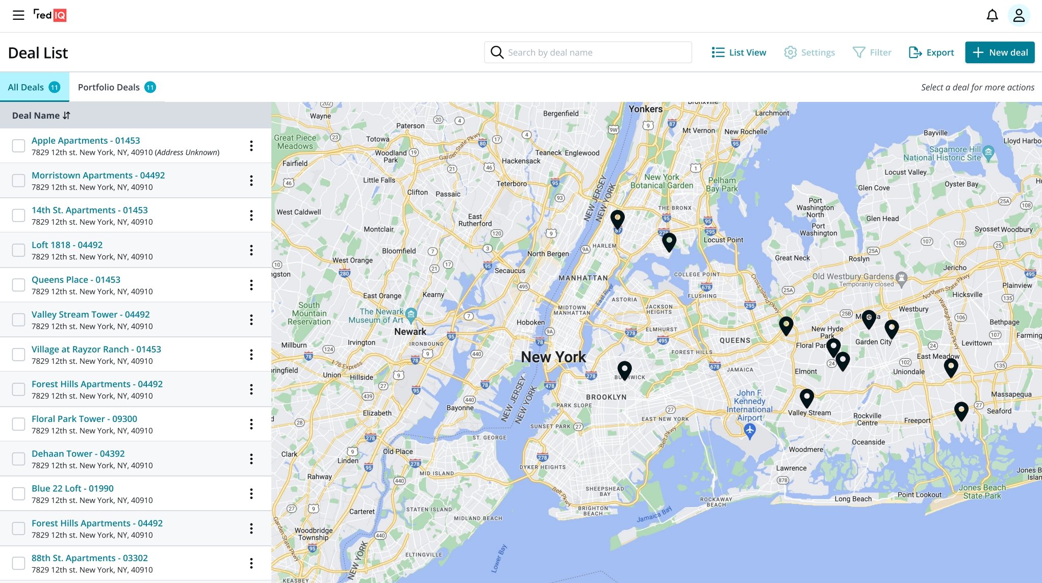 Screenshot of a web-based business deal management app showing a list of property deals on the left and a map of New York City with marked locations on the right.