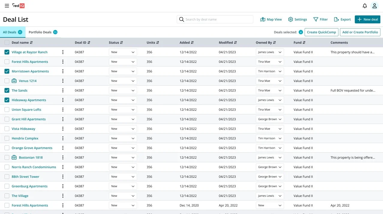 A digital real estate deal list showing property names, deal ID, status, units, added and modified dates, owners, funds, and comments, with options to create deals, add or organize portfolios.