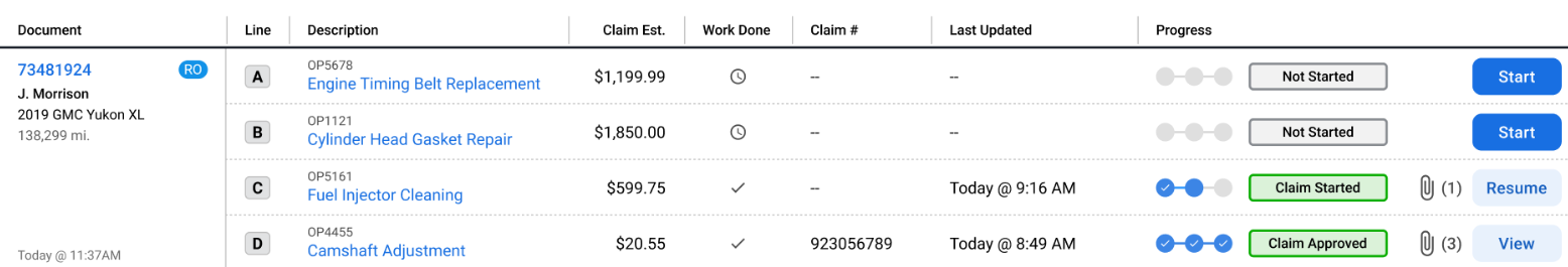 A vehicle service dashboard showing four repair tasks for a 2019 GMC Yukon XL with 138,299 miles. Tasks include Engine Timing Belt Replacement, Cylinder Head Gasket Repair, Fuel Injector Cleaning, and Camshaft Adjustment. The Fuel Injector Cleaning claim is started, while the other tasks are not yet started. Two tasks are marked as claim started and claim approved, with progress updates and work details noted.
