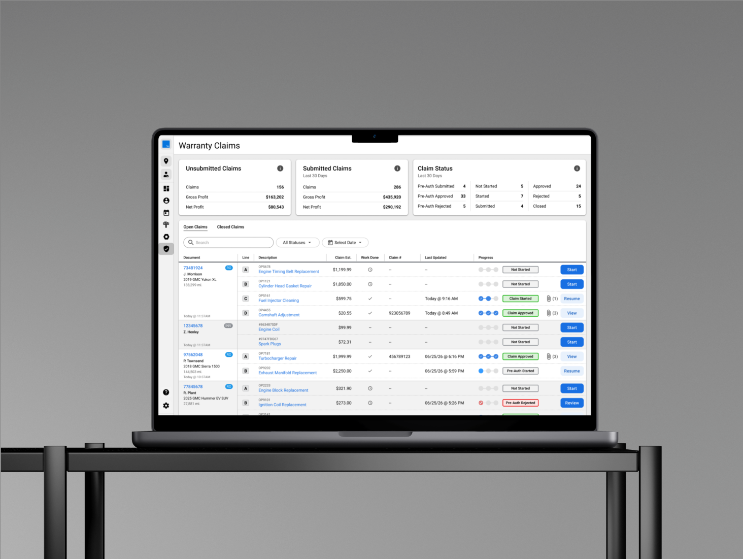 Laptop displaying warranty claim management software, with sections for submitted and open claims, filtered options, and status indicators.