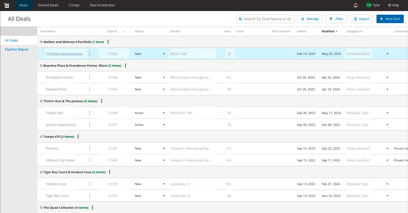 Screenshot of an online deal management platform showing a list of deals with details such as deal name, ID, status, market, units, fund, bid due date, last modified date, assigned to, and comments. The platform has options for creating new deals, filtering, exporting, and accessing settings.