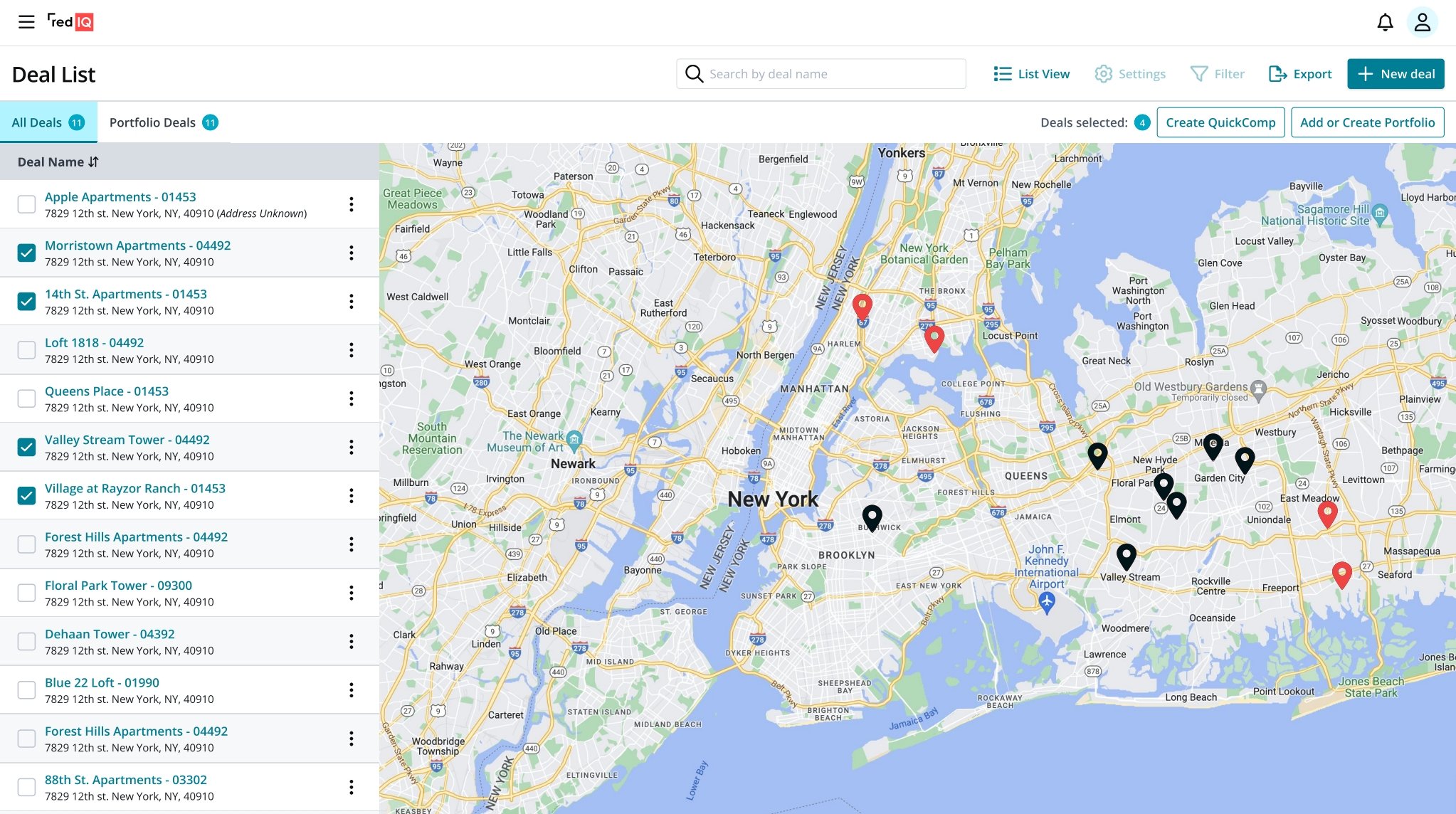Screenshot of a real estate deal management web application showing a list of property deals on the left with addresses and icons, and a map on the right with markers indicating locations of selected properties in New York City.